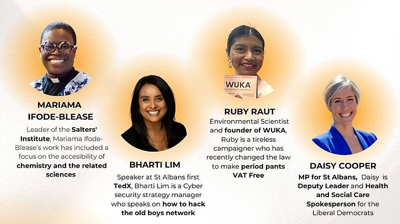 IWD Poster, with headshots of Mariama Ifode-Blease, Bharti Lim, Ruby Raut, and Daisy Cooper