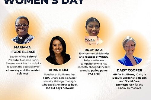 IWD Poster, with headshots of Mariama Ifode-Blease, Bharti Lim, Ruby Raut, and Daisy Cooper