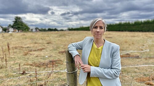 Daisy is leaning on a fence, standing in front of an area of green space and looking directly at the camera. 