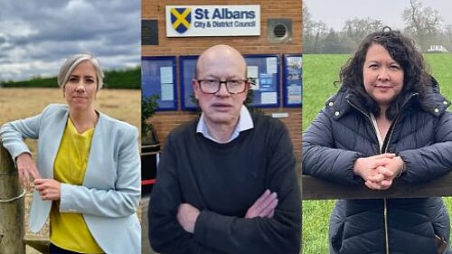 The image is split into three photos. The photo on the left is of Daisy Cooper MP, standing in front of an open space and looking directly at the camera. The middle photo is of councillor Paul de Kort, standing in front of the St Albans District Council building and staring directly at the camera with a serious expression. The photo on the right is of Victoria Collins MP, standing in front of a green space.