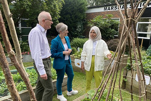 Photograph of Daisy Cooper with MEJ councillors Raihaanah Ahmed and John Hale